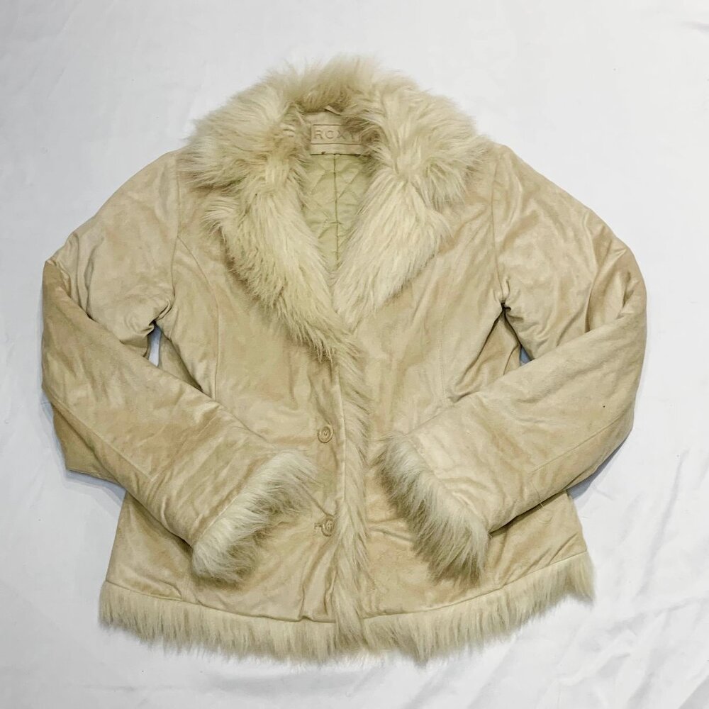 VTG 90s Y2K Roxy Suede Faux Fur Trim Penny Lane Almost Famous Boho Jacket Sz L
